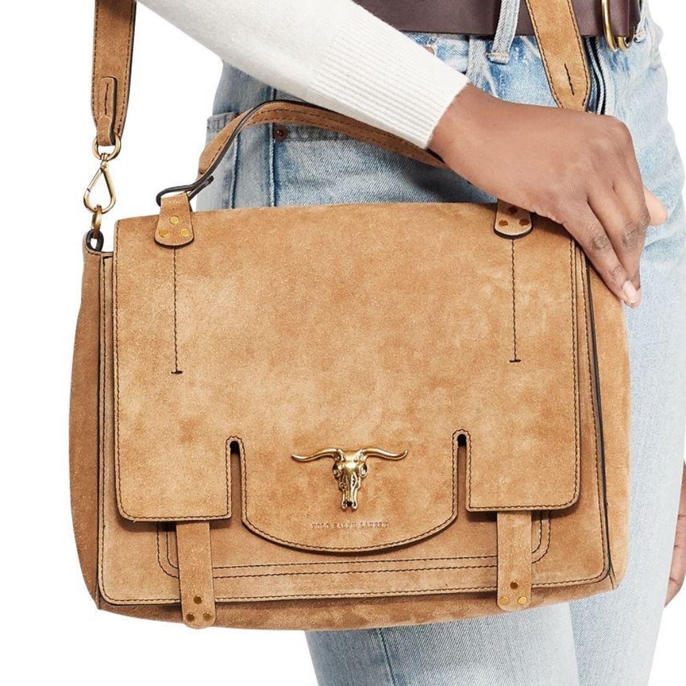 RALPH LAUREN Steer Head / Longhorn Suede Shoulder Crossbody Satchel Purse Bag
